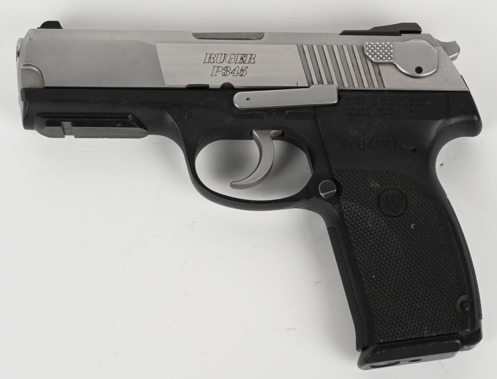 RUGER P345 .45 ACP SEMI AUTO PISTOL: SERIAL NUMBER: 664-90994. BARREL: 4-1/4". CALIBER: .45 ACP. MANUFACTURED: 2010. DA/SA gun with de-cocker, 3-dot sights, stainless slide and black polymer frame. Includes original eight round metal mag