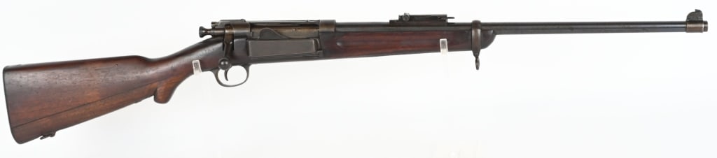 SPRINGFIELD MODEL 1898 KRAG SPORTER: SERIAL NUMBER: 145675. BARREL: 22". CALIBER: .30-40 KRAG. MANUFACTURED: 1899. Standard markings on the frame. Faint cartouche on the left side of the wrist. Barrel has been cut back, and a 1903 style