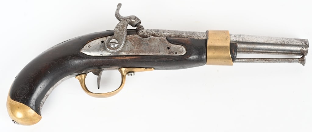 ANTIQUE FRENCH NAPOLEONIC MILITARY PISTOL: SERIAL NUMBER: N/A , BARREL: 8", CALIBER .70. This pistol has been converted from flintlock to percussion. Has brass furniture and walnut stock. CONDITION: Metal has scattered light pitting and has be