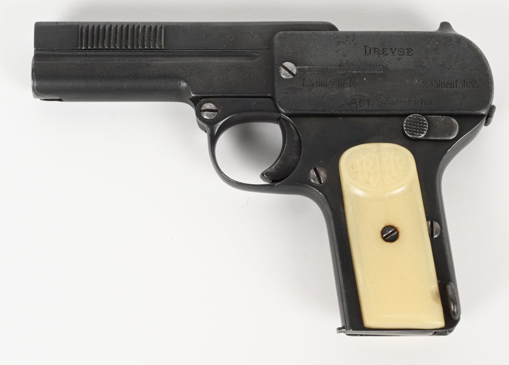 WW1 AUSTRIAN PROOFED DREYSE MODEL 1907 .32 ACP: SERIAL NUMBER: 54420. BARREL: 3-1/2". CALIBER: .32 ACP/7.65MM. MANUFACTURED: 1910S. This gun has a "W.n(eagle)15" proof on the left side of the barrel assembly. "Crown/N" proofs as well. No import or 