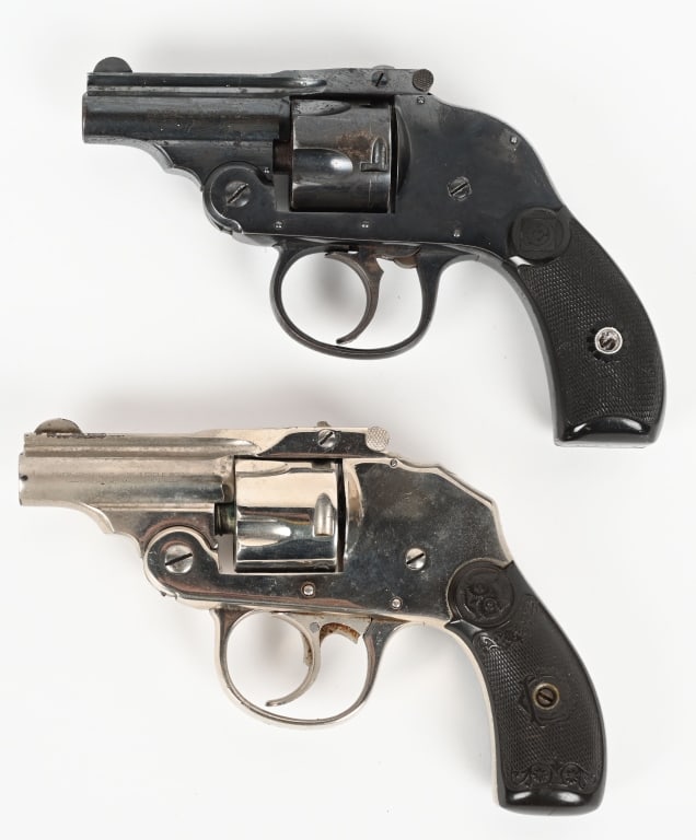 LOT (2) BICYCLE DOUBLE ACTION REVOLVERS: A. H&R, BLUE FINISH, 32 CAL. 2" HAMMERLESS. Gutta percha grips. Nice gun with about 90% blue with some age freckling. Grips excellent. Does not work. Nice gun if you can fix it. B. IVER JOHNSON. 2" 32