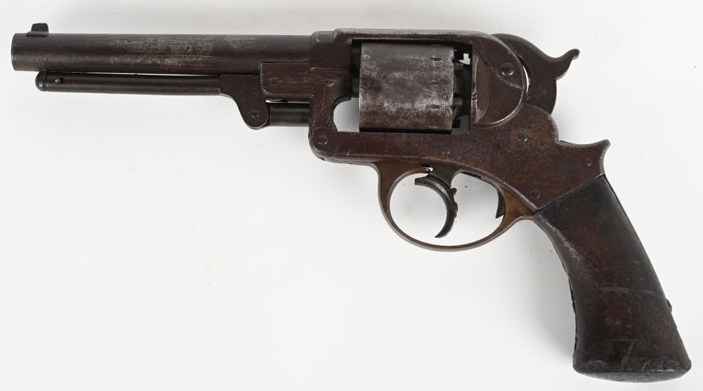 CIVIL WAR ERA STARR ARMS MODEL 1858 ARMY REVOLVER: SERIAL NUMBER: 8851. BARREL: 6". CALIBER: .44 CAL PERCUSSION. MANUFACTURED: 1860S. Standard company address and patent dates on the frame. Matching serials on the barrel assembly, frame and hammer. Bl