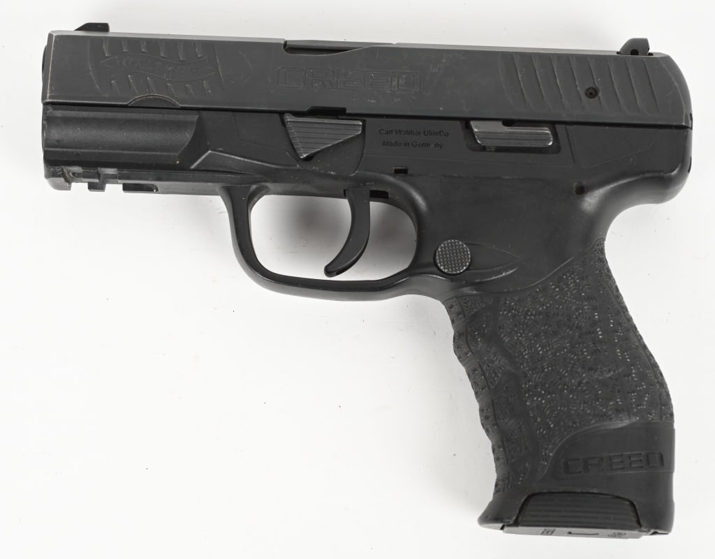 CARL WALTHER / WALTHER ARMS CREED SEMI AUTO PISTOL: SERIAL NUMBER: FCP6368 BARREL: 3 7/8" CALIBER: 9MM. Black polymer frame with CREED logo and factory texture molded in. Black finish slide with WALTHER CREED on the left side, with factory 3 dot sights