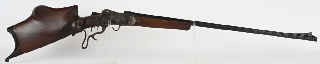 EMIL PACHMAYR MARKED SCHUTZEN PARTS RIFLE: SERIAL NUMBER: NSN. BARREL: 31-1/2". CALIBER: 8MM (UNKNOWN) MANUFACTURED: 1900-1930. Fluted heavy barrel, with blade front sight. No rear. Blued barrel, with case colored frame. Oiled wood butt stock 