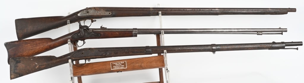 LOT OF 3: ANTIQUE PERCUSSION RIFLES: A. Cogswell marked percussion musket. SERIAL NUMBER: NSN. BARREL: 41-1/2". CALIBER: 12 GAUGE (.72 CALIBER PERCUSSION). MANUFACTURED: 1800S. Lock plate is marked "SNY/ALBANY/S.COGSWELL". Faint cartouch