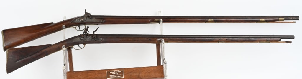 LOT OF 2: FULL STOCK BLACKPOWDER FOWLING PIECES: A. "LONDON/WARRANTED" marked full stock fowling piece. SERIAL NUMBER: NSN. BARREL: 38". CALIBER: 16 GAUGE (.62 CAL FLINTLOCK). MANUFACTURED: 1800S. Two part, octagon/round steel barrel. Blade front si