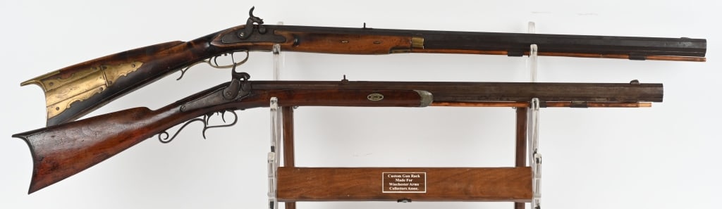 LOT OF 2: HALF STOCK PERCUSSION RIFLES: A. Unmarked half stock percussion rifle. SERIAL NUMBER: NSN. BARREL: 28-3/4". CALIBER: .52 PERCUSSION. MANUFACTURED: 1800S. No visible markings. Double set triggers. Full octagon barrel, with blade fr