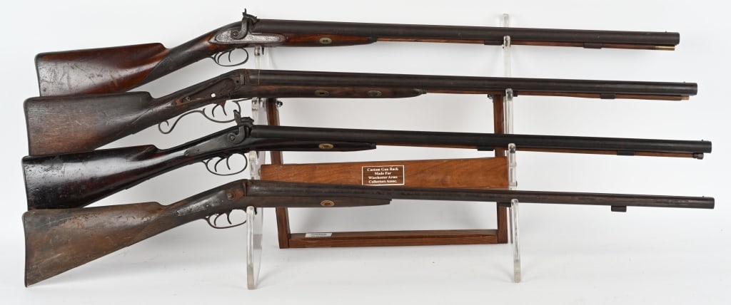 LOT OF 4: ANTIQUE PERCUSSION PARTS SHOTGUNS: A. Unmarked double barrel hammer shotgun. SERIAL NUMBER: NSN. BARREL: 31-1/2". CALIBER: 12 GAUGE (.72 CALIBER PERCUSSION). MANUFACTURED: 1800S. Unmarked minus some scroll engraving on the lock plates.