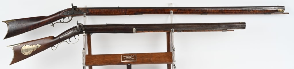 LOT OF 2: ANTIQUE BLACKPOWDER PERCUSSION RIFLES: A. Unmarked half stock heavy barrel percussion rifle. SERIAL NUMBER: NSN. BARREL: 34". CALIBER: .44 CALIBER PERCUSSION. MANUFACTURED: 1800S. No visible markings. Light engraving on the lock plate. Dou