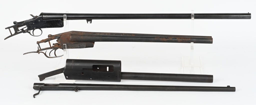 LOT OF 4: FIREARM RECEIVERS: A. Remington Model 11 semi auto shotgun frame. SERIAL NUMBER: 2976. BARREL: NONE. CALIBER 12 GAUGE. MAUFACTURED: 1906. Company address/patent dates on the left side of the frame. Gun is stripped minus