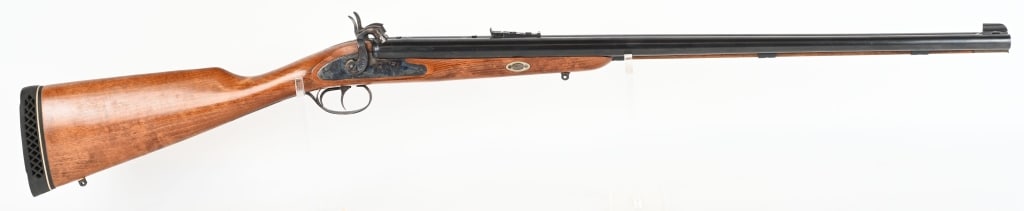 CVA EXPRESS DOUBLE BARREL .50 CALIBER RIFLE: SERIAL NUMBER: NSN. BARREL: 28". CALIBER: .50 CAL BLACKPOWDER. MANUFACTURED: 1980S. Made in Spain. Ramped blade front sight and adjustable u-notch rear. Blued finish, with case colored lock/hammers. D