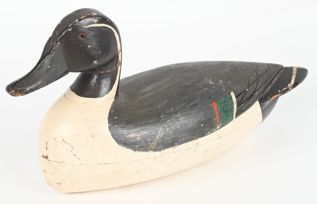 JACK HERRIN PINTAIL DRAKE WOODEN DECOY: Rare piece with period paint. Original eyes. CONDITION: Good overall, with light wear and finish loss.