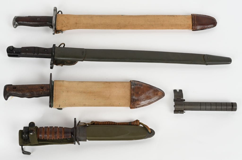 LOT OF U.S. MILITARY BAYONETS/KNIVES: Contains: Winchester Model 1917 Enfield/Model 1897 Trench Gun bayonet with scabbard. Scabbard is Jewel "1917" dated, painted green. "1906" dated Springfield Model 1903 bayonet with khaki scabbard. "PL