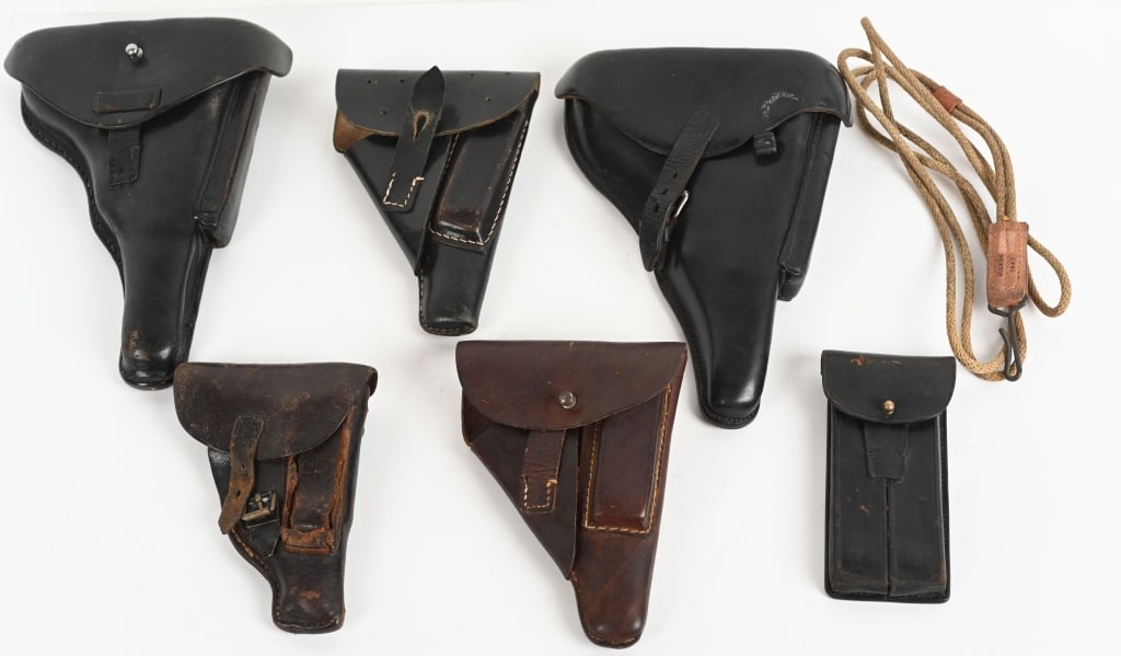 LOT OF VARIOUS WW2 ERA PISTOLS: Includes: Unmarked black leather P.08 Luger leather holster. Interwar rework P.08 Luger Police marked leather holster, marked "S.Sch.II.967./5458" on the back. Marked "FRANZ COBALT/BERLIN/1918" on the