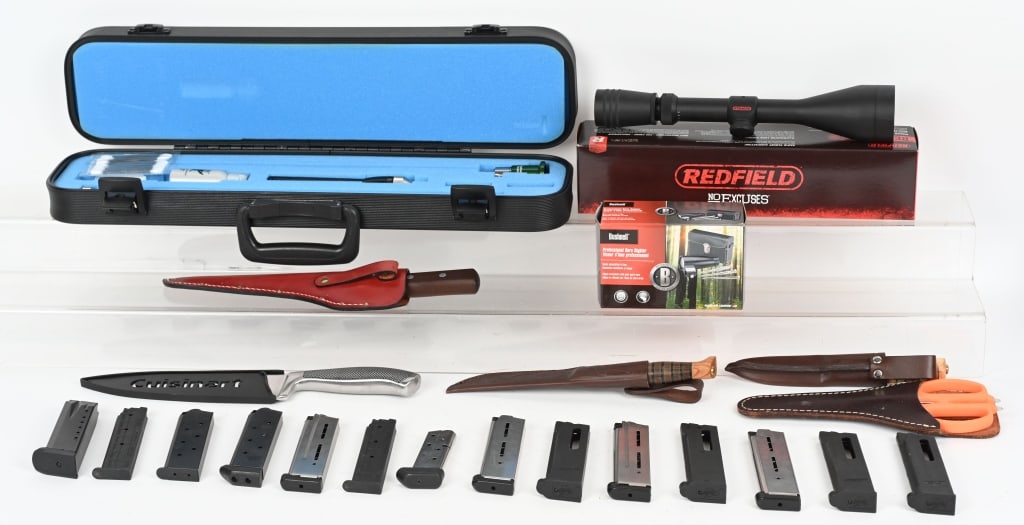LOT OF KNIVES AND GUN ACCESSORIES: CONTAINS: Hawkeye Precision Bore scope (complete in case). Redfield Revolution 3-9X50 scope in box. Bushnell Bore Sighter kit Helle Norway Sigmund 4-1/4" fixed blade knife with leather scabbard. Helle