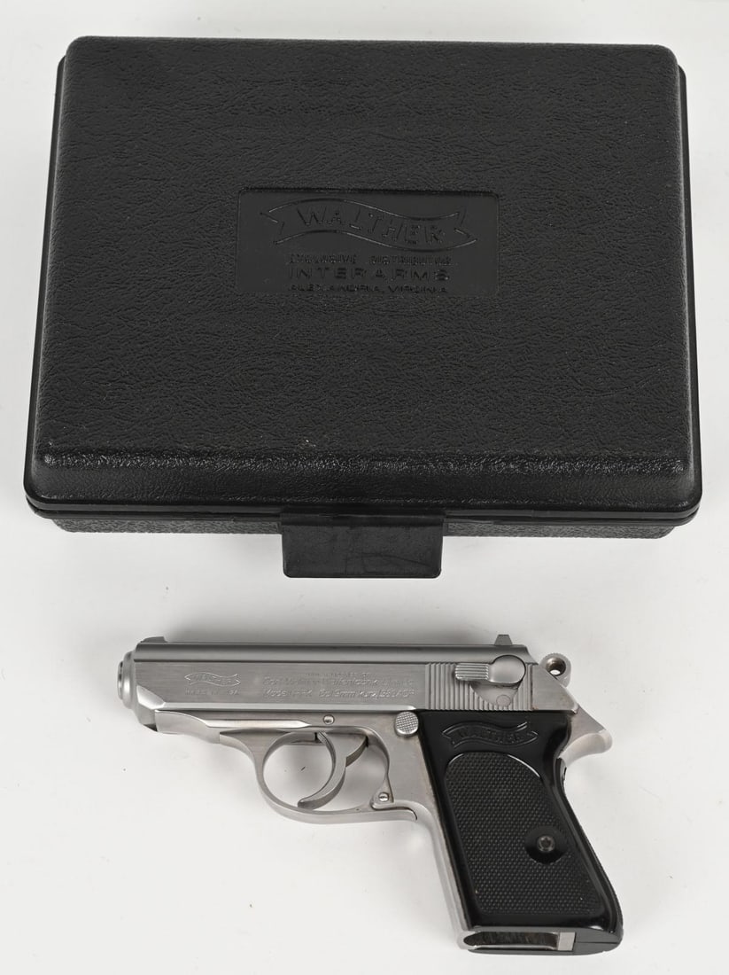 CARL WALTHER MODEL PPK STAINLESS STEEL 380 ACP: SERIAL NUMBER: A007294 BARREL: 3 1/4" CALIBER 9MM KURT'S / 380 ACP. MANUFACTURED; 1980's. Made by a subsidiary of Interarms, under license of Walther. Factory sights, stainless finish and black checke