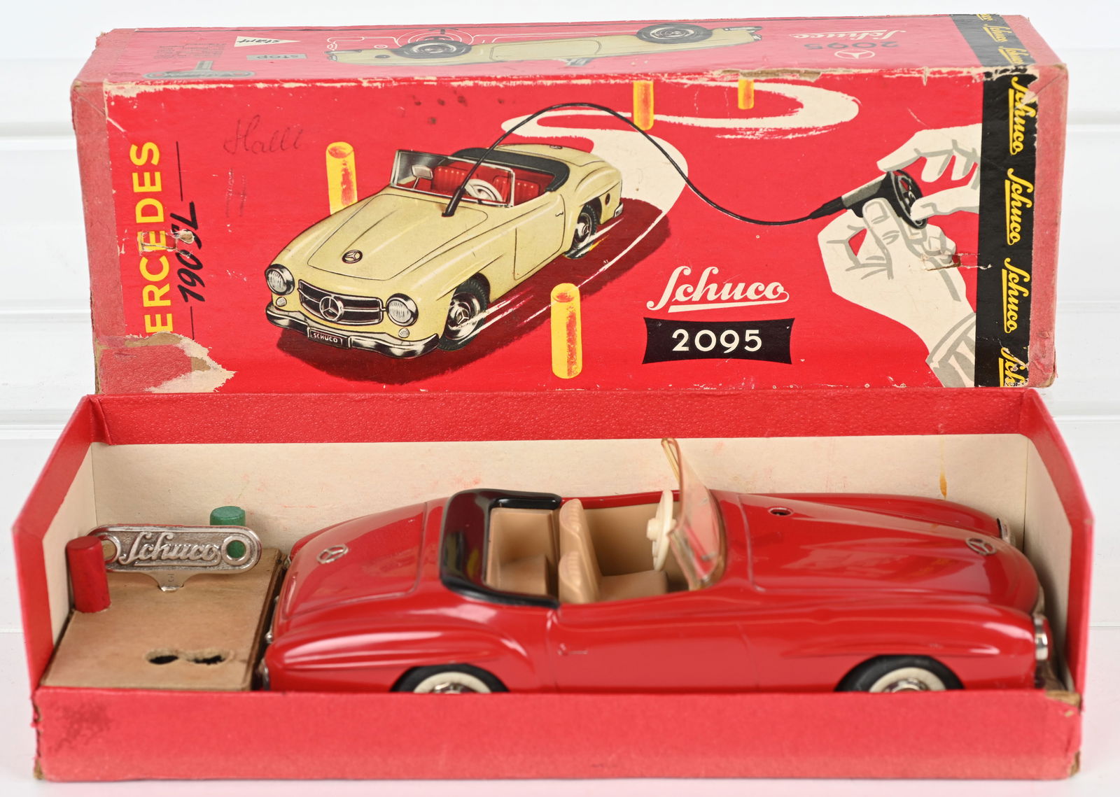 SCHUCO 2095 MERCEDES BENZ 190SL w/ BOX: Great looking Mercedes Benz. All original in great condition. Windup works. Missing steering wheel. Boxed. 10 1/2" Excellent