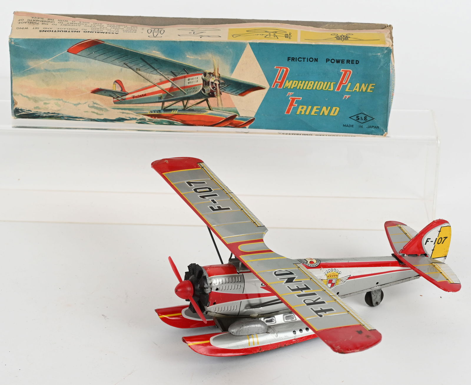 JAPAN TIN FRICTION AMPHIBIOUS PLANE FRIEND w/ BOX (1 of 9)