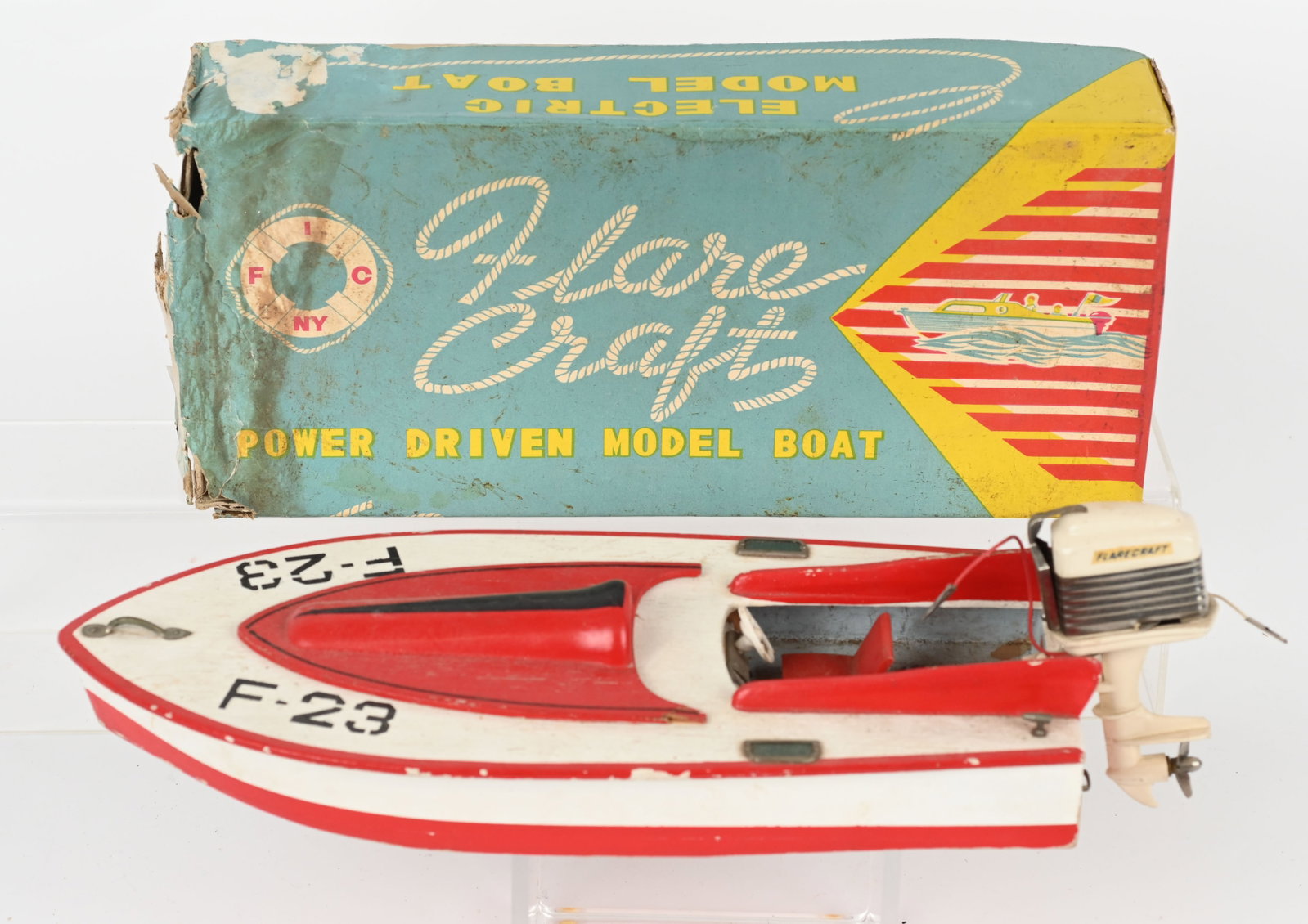 JAPAN WOOD BATTERY OP RACE BOAT w/ OUTBOARD MOTOR: All original wood race boat with Flare craft outboard motor. Great condition. Boxed 12 1/2" Excellent
