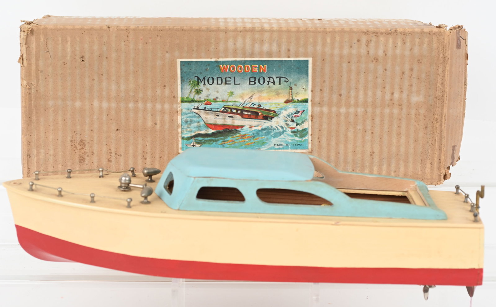JAPAN BATTERY OP WOODEN BOAT w/ BOX: All original in nicer shape. Has small crack in hull. Displays great. Boxed 15" Excellent