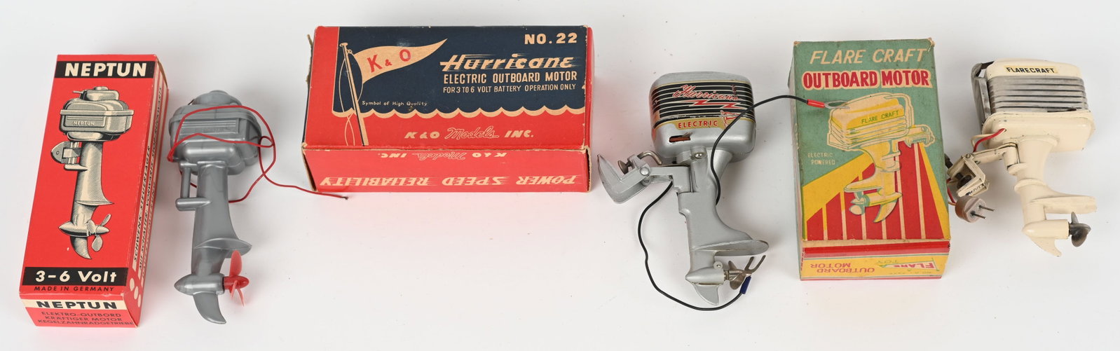 3- JAPAN BO OUTBOARD MOTORS w/ BOXES: Includes Hurricane, Flare Craft, and Neptune. All in great shape Boxed. Excellent