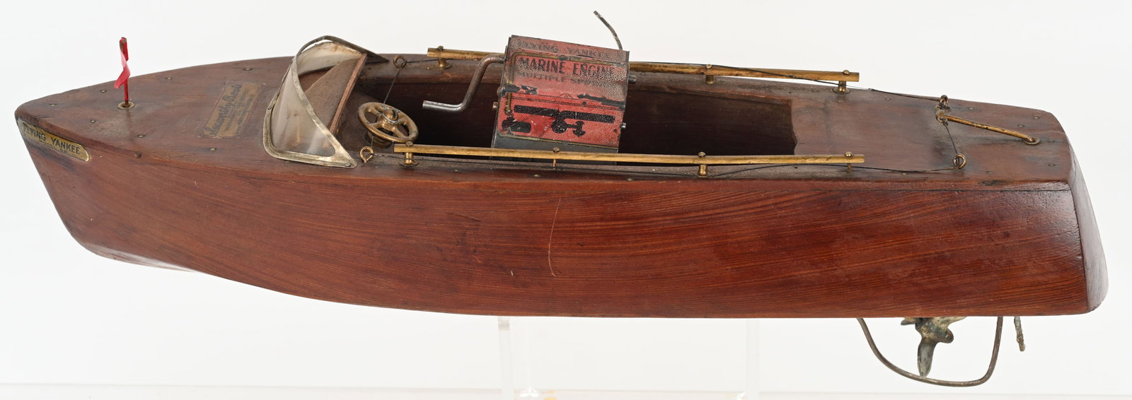 JACRIM CLOCKWORK WOODEN SEA WORTHY BOAT: All original with working motor. Nice early boat. 20" Excellent