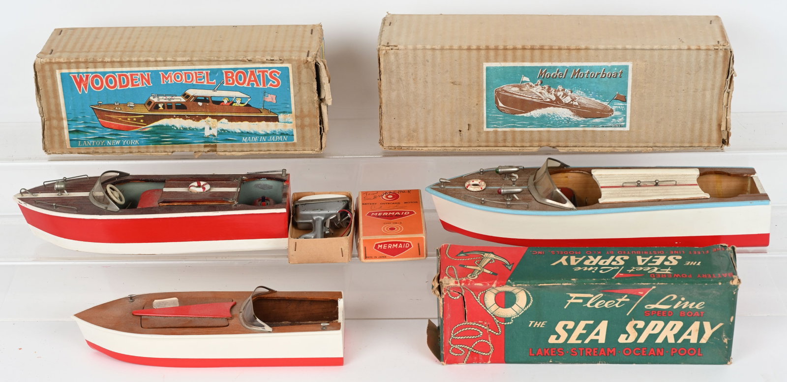 3- JAPAN WOODEN BOATS w/ BOXES: All in original nice condition. Boxed. Largest 13" Excellent