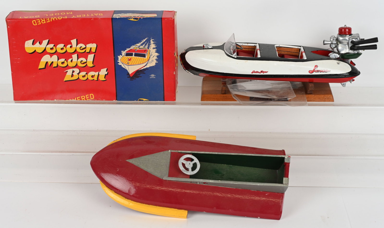 3- WOODEN BOATS: Includes Falls Flyer hand made by Mickael Ludden and 2 vintage Hydroplane Boats. Excellent 15" Excellent
