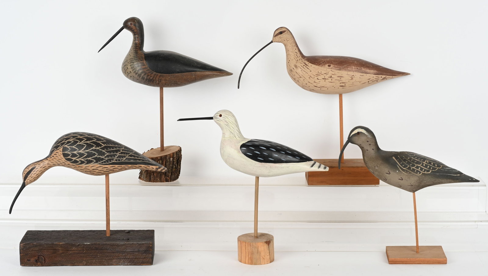 5- CRAVED WOOD SHORE BIRDS: Nice lot of carver wood Shore Birds. Somes with Artist Signatures. One missing base. Largest 15" Excellent
