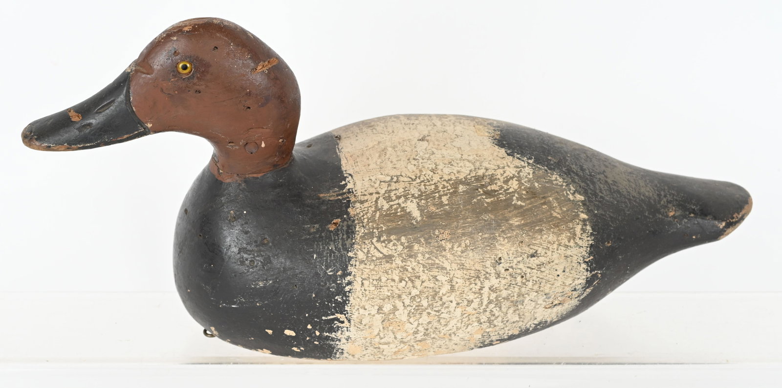 EVANS CANVAS BACK DUCK DECOY: Nice original carved wood decay. Great patina. 16" Excellent