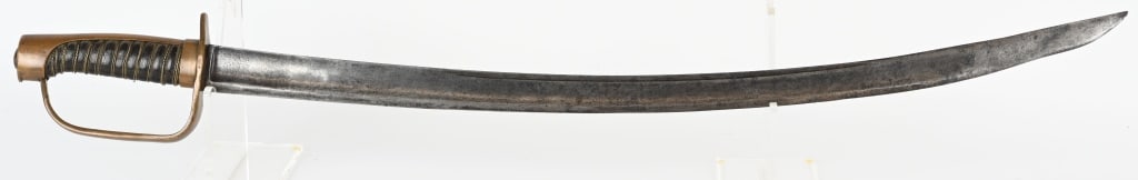 CIVIL WAR ARTILLERY OFFICER TEXAS MARKED SWORD: French Model 1827 Artillery Sword marked TEXAS on the forte. 33" long with a 27" curved blade. The pommel is of the Phrygian helmet style with grips of wood wrapped in leather with wire wrap with both