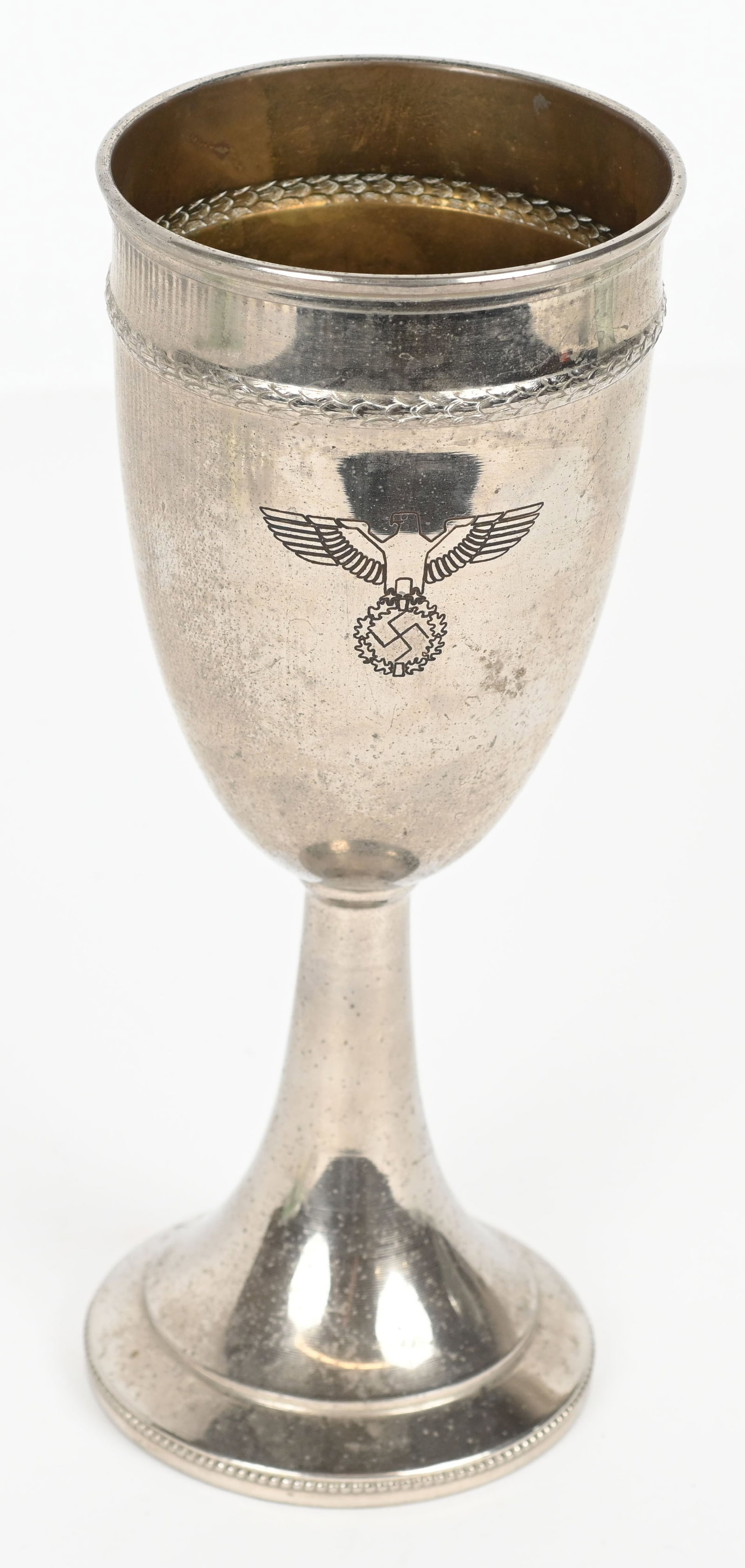 WWII NAZI GERMAN NSDAP CHALICE TROPHY CUP WW2: Beautiful WWII Nazi German Chalice measuring 9 3/4 inches tall of silver plate. To the obverse a Large Political Eagle clutching a Canted Swastika measuring 2 inches. To the reverse "Gott Mit Uns" God
