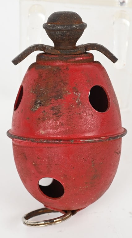 WWII NAZI GERMAN M39 PRACTICE EGG GRENADE JJ 1944: Well preserved German M39 practice grenade. A smoke charge would be inserted and smoke would appear through the holes. JJ Marked and dated 1944. Hard to find an example in this condition.