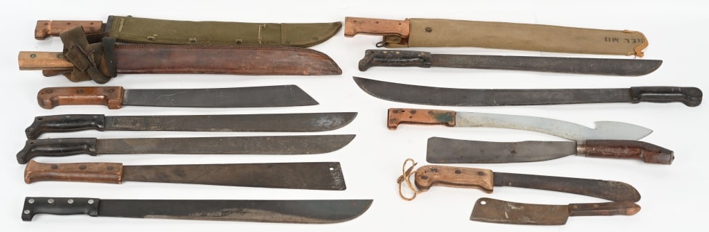 LARGE LOT OF MACHETES & OTHER BLADES: Large lot of machetes and other blades. Some with sheaths. Largest has a 20 1/2" blade. Conditon varies. AS-IS