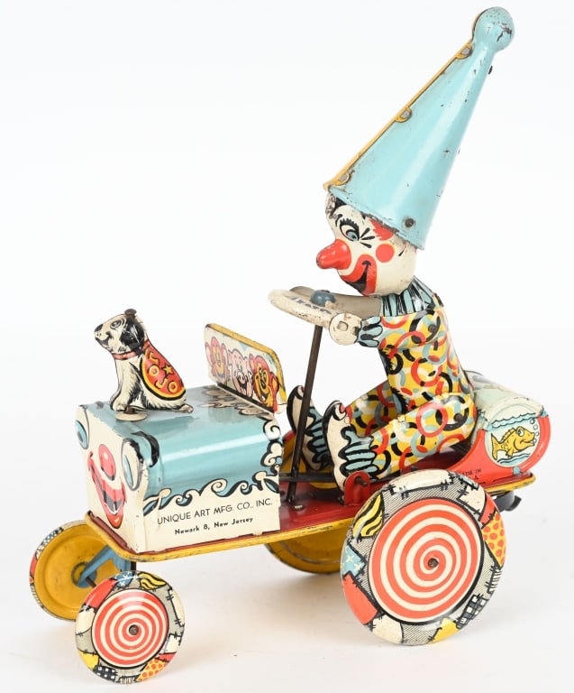 UNIQUE ART WINDUP ARTIE THE CLOWN CAR: Colorful Clown Crazy Car, Complete with Dog, Nice condition. Windup works. 10" Excellent