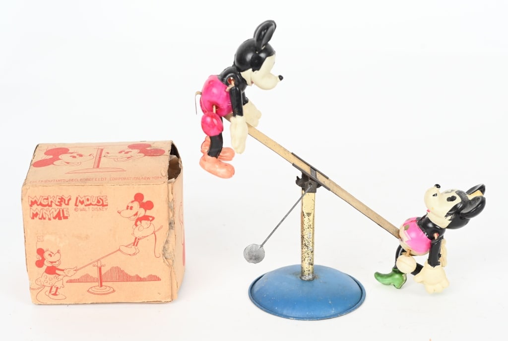 JAPAN CELULOID MICKEY & MINNIE SEE SAW w/ BOX (1 of 9)