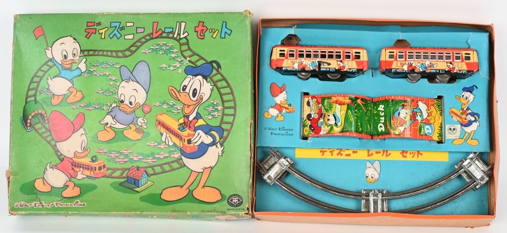 JAPAN TIN WINDUP DONALD DUCK TROLLEY SET w/ BOX (1 of 9)