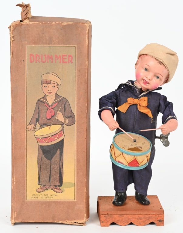 JAPAN CELLULOID WINDUP SAILOR BOY DRUMMER w/ BOX (1 of 8)
