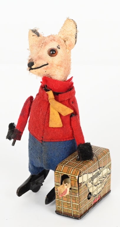SCHUCO WINDUP FOX WITH GOOSE: All original with some wear. Windup works. 5" Very Good-Excellent