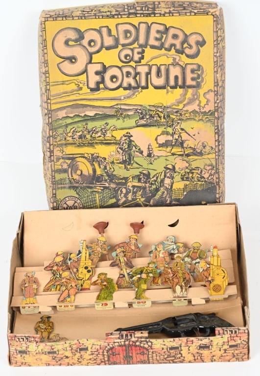 MARX 1930'S SOLDIERS OF FORTUNE TOY SET w/ BOX: Scarce original set with 18 tin soldiers, a pistol and darts. Includes hard to find colorful original box. The box has some wear, the toy is Excellent