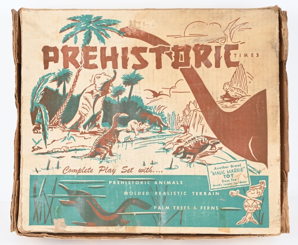 MARX PREHISTORIC TIMES PLAYSET: Prehistoric Times Playset. Looks to be complete with Terrain, Trees, Animals. Figures, and Instructions Book. All in great shape. Box has some wear. Excellent
