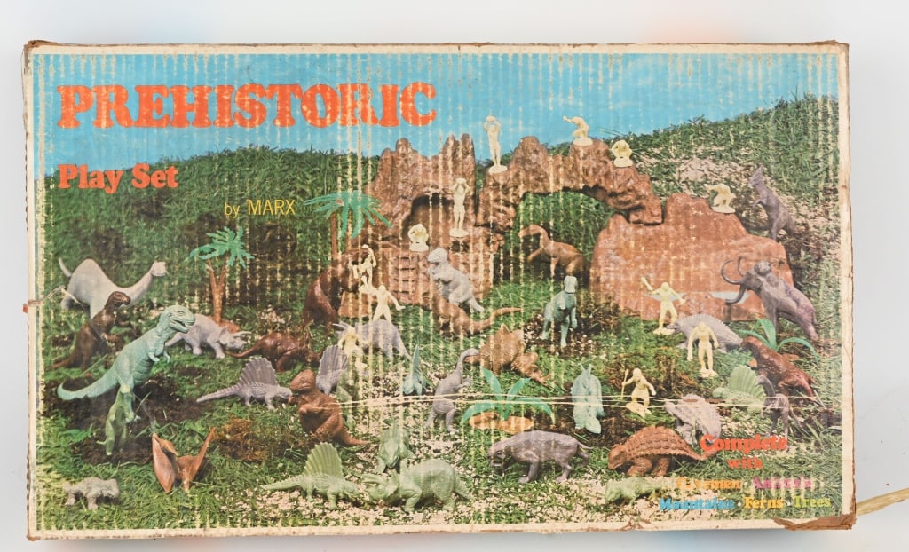 MARX #3398 PREHISTORIC PLAYSET: Prehistoric Playset. Looks mostly complete with Caveman, Animals, Mountains, and More. Box has wear. Very Good-Excellent