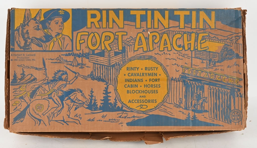 MARX #3627 RIN TIN TIN FORT APACHE PLAYSET: Rin Tin Tin Fort Apache Playset. Looks to be mostly complete with Fort, Figures, and Accessories. In decent Box. Excellent