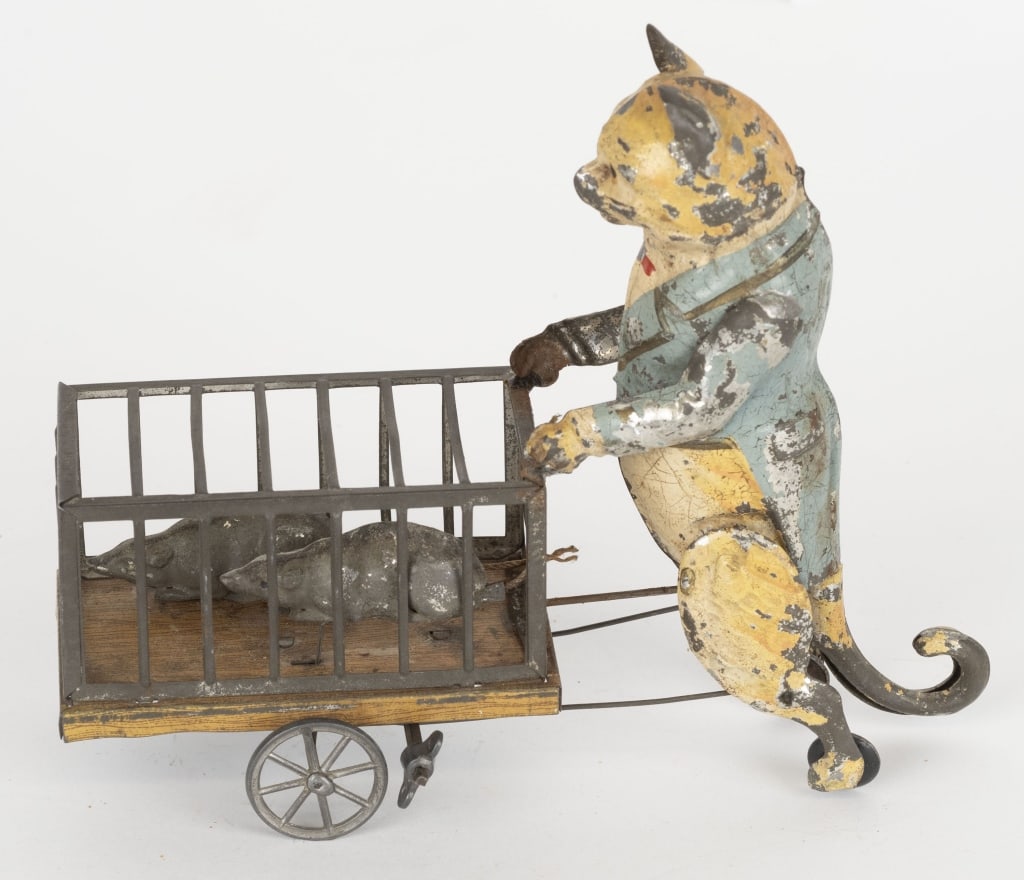 GERMAN HAND PAINTED WINDUP CAT w/ MICE IN CAGE (1 of 4)
