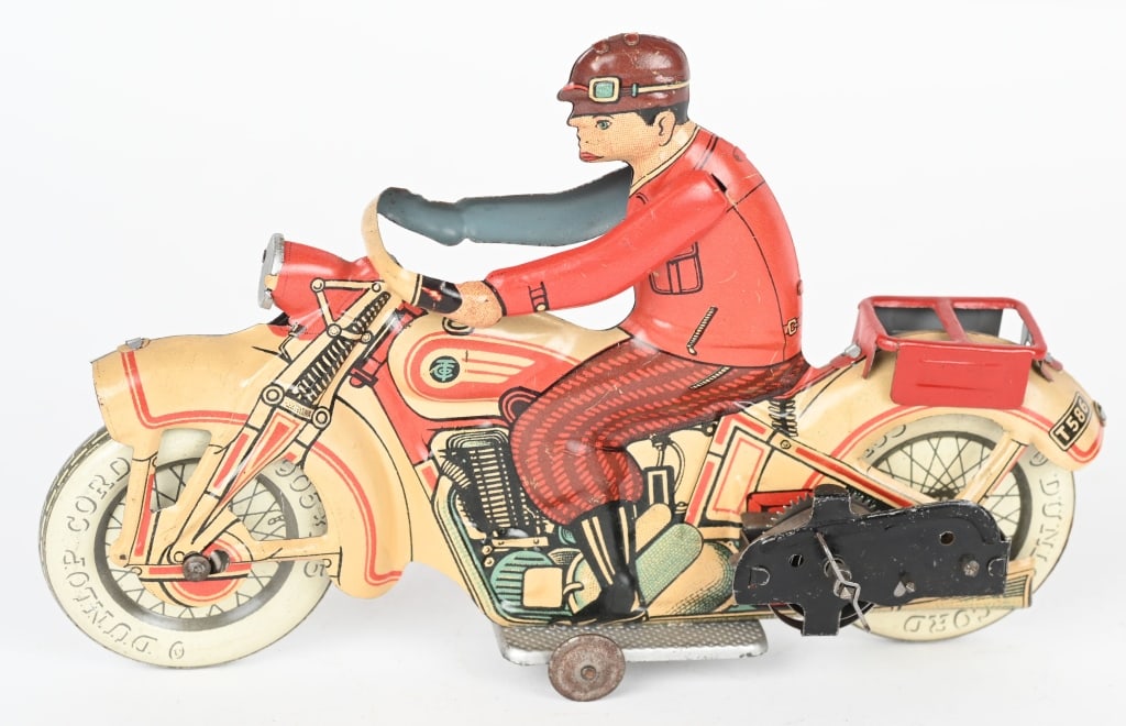 TIPP TIN WINDUP CIVILIAN MOTORCYCLE: Tipp tin windup Civilian Motorcycle. All original with great colors and details. Windup works. Has #T586 on rear fender. 7 1/2" Excellent