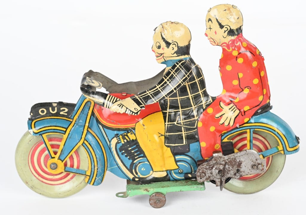 METTOY TIN WINDUP MOTORCYCLE w/ 2 CLOWNS (1 of 4)
