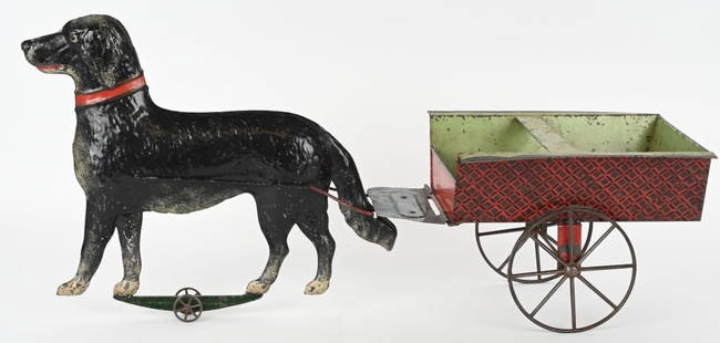 GEORGE BROWN OVERSIZE DOG CART: Wonderful early George Brown Dog cart. large and impressive toy. Has mostly original paint. Cart appears to have some restoration. A very nice toy. 24" Excellent