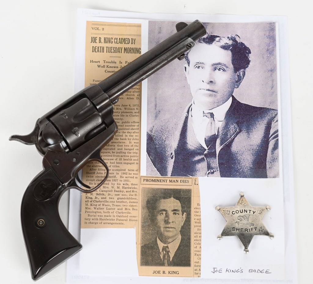 ARKANSAS SHERIFF OWNED COLT SINGLE ACTION ARMY: SERIAL NUMBER: 151337 BARREL: 5-1/2 Inch CALIBER: .45 LC MANUFACTURED:1893 . Black Powder frame finished blue with case hardened frame and hammer. Two-piece black hard rubber grips, with rampant colt 