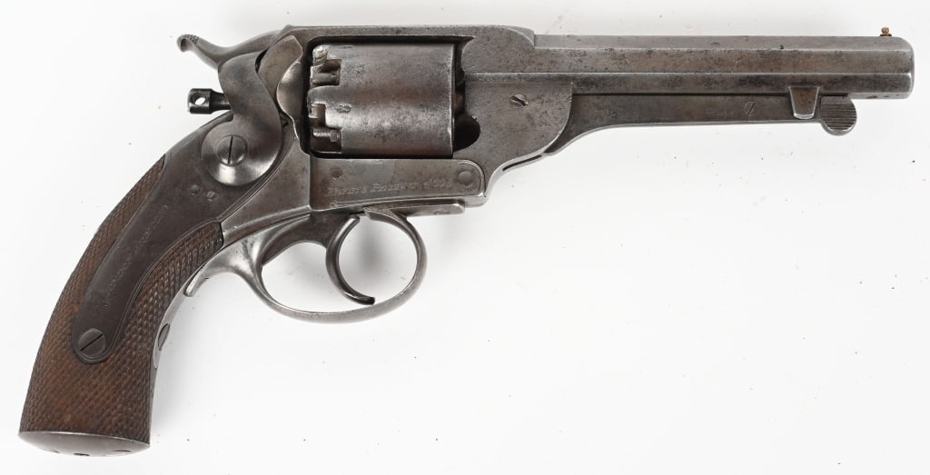 KERR'S CONFEDERATE PATENT REVOVLER 56TH REG: SERIAL NUMBER 4605, BARREL 5 3/4", CALIBER .44 Confederate used and ID'd London Armoury Company, Kerr's Patent Revolver. This example of a Confederate Kerr revolver is accompanied by a white velvet li