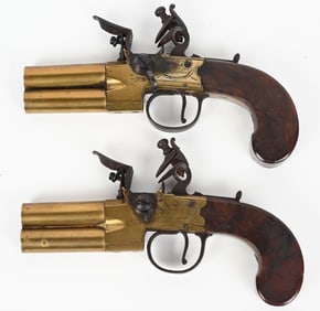 PAIR OF ENGLISH WHEELER O/U FLINTLOCK PISTOLS